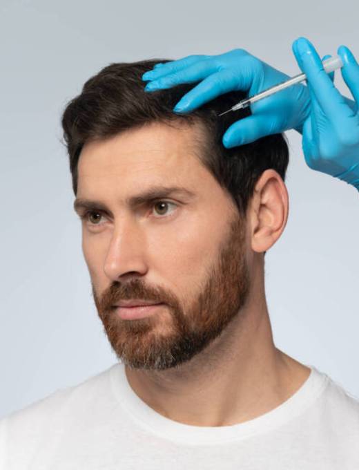 Middle aged man getting hair treatment at beauty salon, having mesotherapy session, standing on grey background. Female therapist hands in protective gloves making injection with syringe